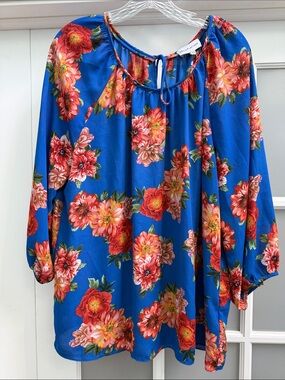 Gibson Latimer Royal Blue Floral Tie-Neck Peasant Tunic